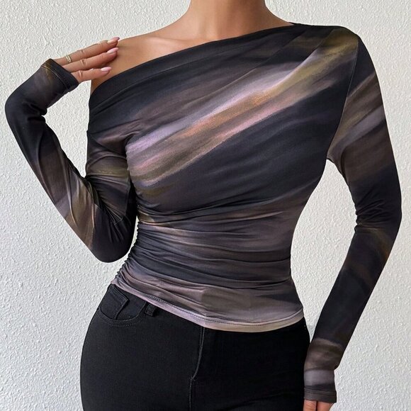 Casual Women's Marble Gradient Print Asymmetrical Neck top - Picture 4 of 6